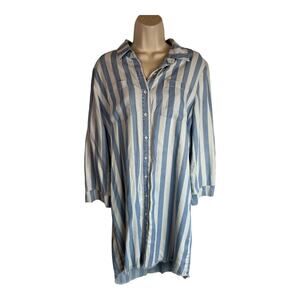 Dear John Blue White Striped Shirt Dress M Medium Tencel Comfy Oversized Popover